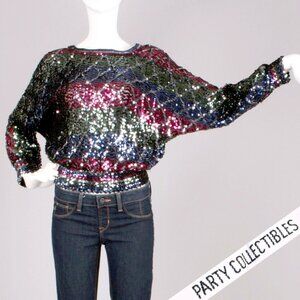 S/M Vintage 1970s Sequin Batwing Shirt Crop Top Stage Disco Club 80s 70s